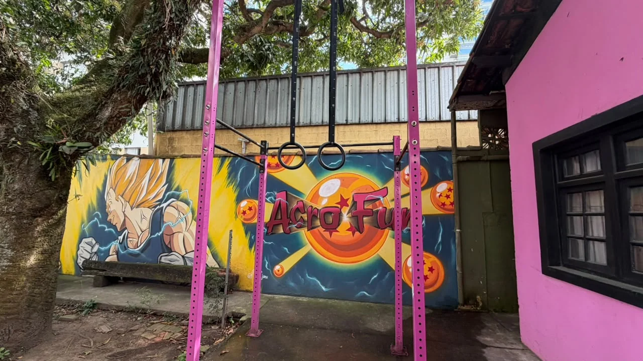 Área externa atual da Acrofun com barras rosas, argolas e mural
